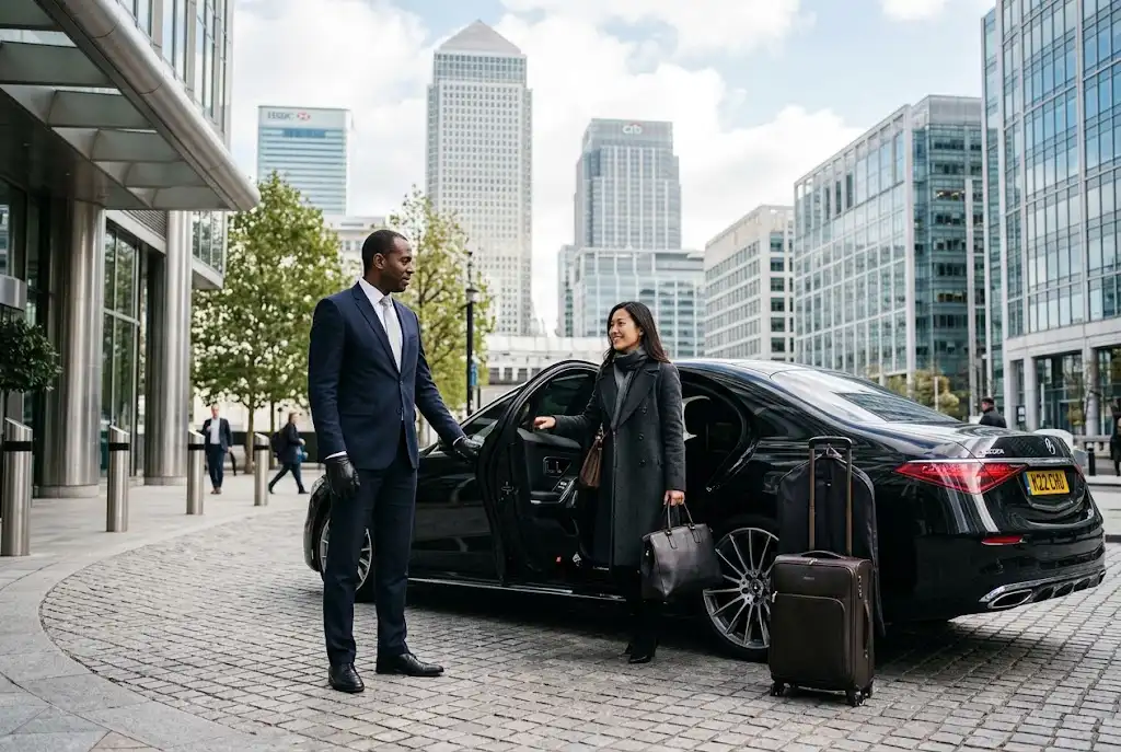 Professional chauffeur standing beside a luxury executive car in a UK city setting