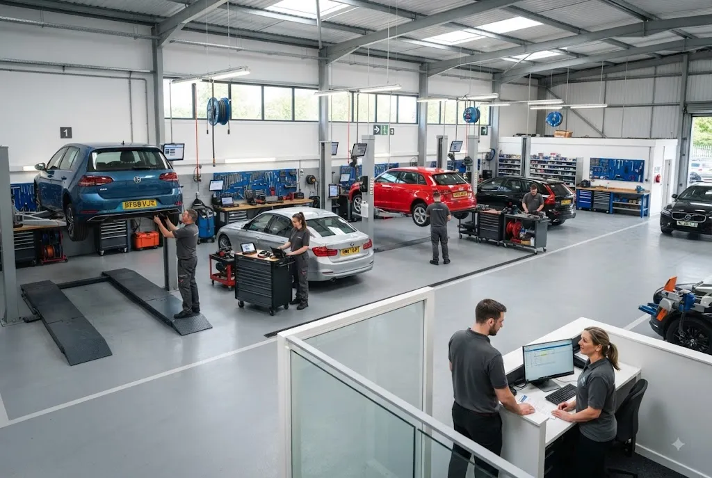 Automotive operations in a modern UK workshop focused on productivity and service quality