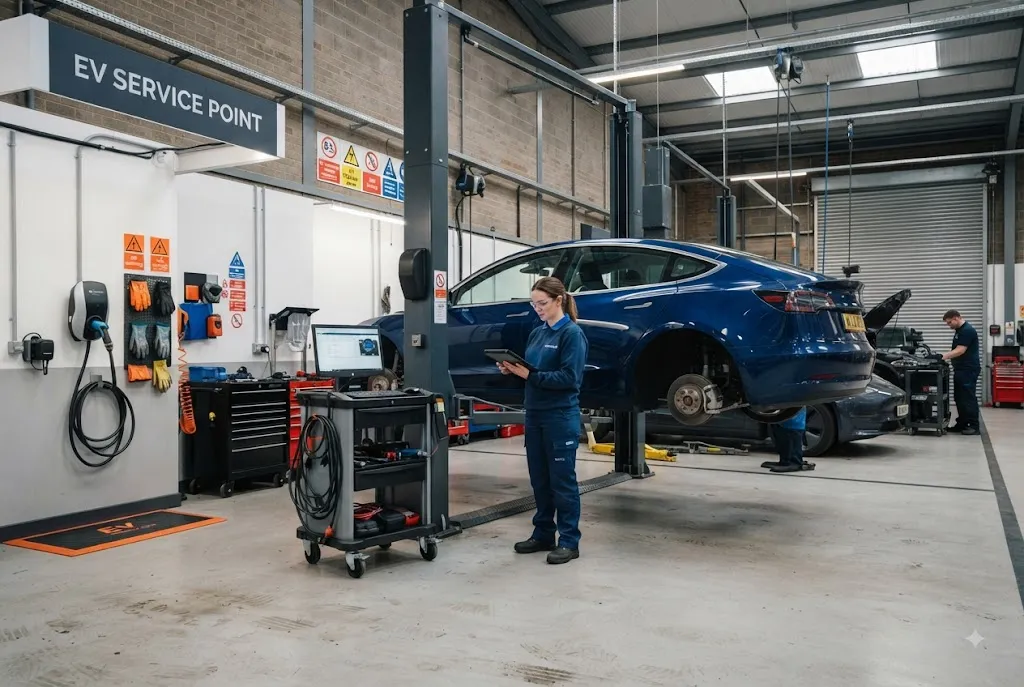 EV servicing in a modern UK automotive workshop with specialist diagnostic equipment