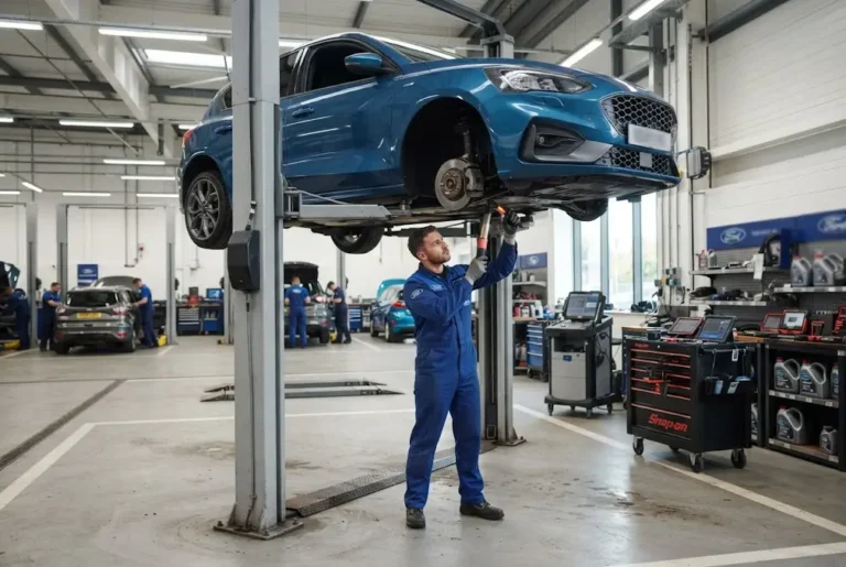 Ford Service: Schedule, Costs and Maintenance Guide Ford service and maintenance inspection at a UK automotive workshop