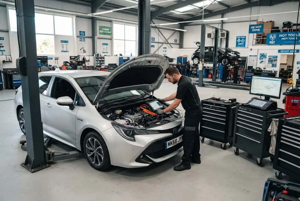 Hybrid servicing in a modern UK automotive workshop